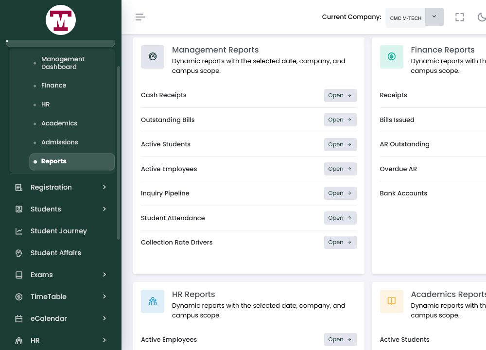 Institara report library showing management and finance report categories
