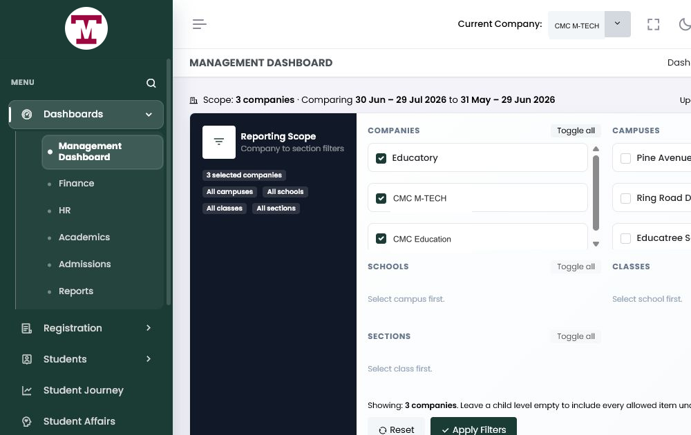 Institara reporting scope controls for companies, campuses, schools, classes, and sections